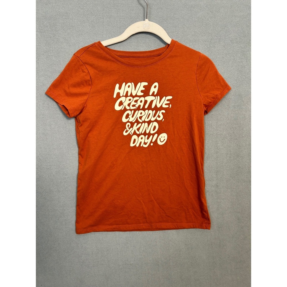 Cat & Jack Kids Orange Graphic Tee Creative Curious Kind Day Shirt Size L 10/12
